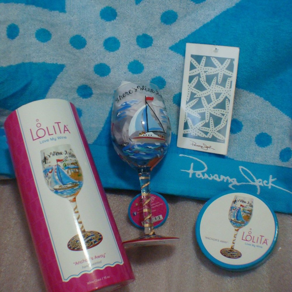Lolita wine glass & Panama Joe Starfish beach towel